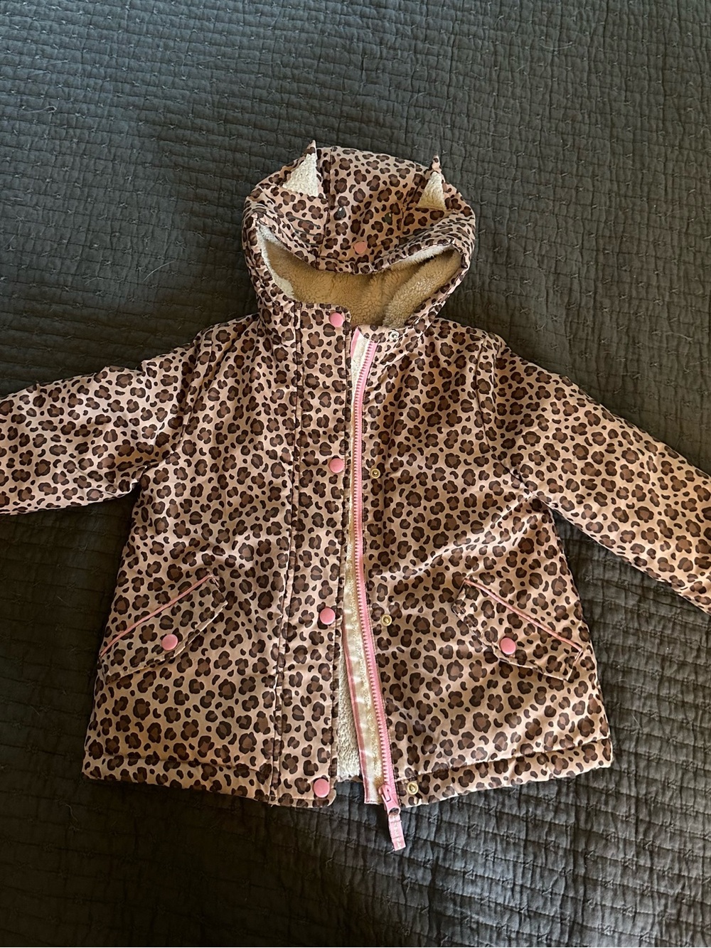 Mini Boden Leopard Print Hooded Jacket with Sherpa Lining - Pink/Brown